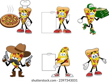 Funny Pizza Slice Cartoon Characters. Vector Hand Drawn Collection Set Isolated On Transparent Background