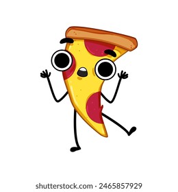 caricatura divertida del personaje de la porción de la pizza. cara de la comida, cerveza del queso, mascota adorable signo divertido del personaje de la porción de la pizza. símbolo aislado Ilustración vectorial