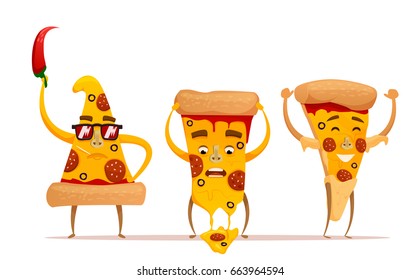 Funny Pizza slice. Cute pizza character set isolated on white background  . Fast food characters 