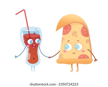 Funny pizza slice and glass of cola characters vector illustration. Cartoon isolated couple of pizzeria best friends holding hands, happy hot meal with cheese and salami and soda water drink