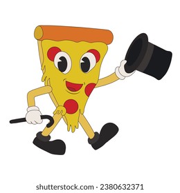 Funny pizza slice with hat and cane on white background