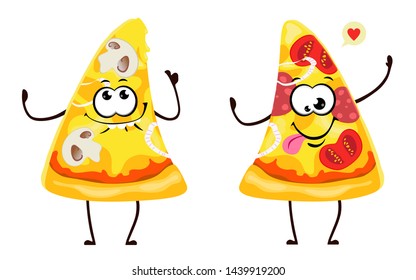 Funny pizza slices in cartoon style. Vector isolates on a white background.