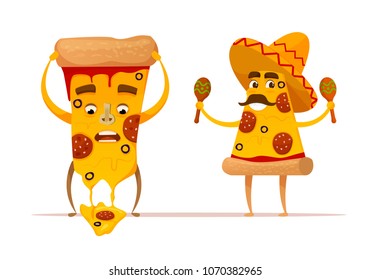 Funny pizza slices characters.melting cheese. Mexican pizza. flat cartoon style. isolated vector illustration