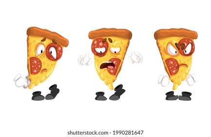 Funny Pizza Slices Set, Cute Fast Food Characters with Emotional Faces Cartoon Vector Illustration