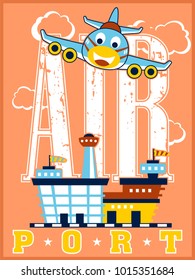 Funny plane cartoon vector ready to landing in a airport. Graphic education for kids