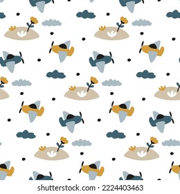 Funny planes for kids fabric print. Transport flies over earth, cloud for little boys. Scandinavian children's pattern with airplane on white background. Cute aircraft texture for baby product design.