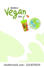 Funny planet character holds in his hands Glass with a bright juicy fruit smoothie. healthy food concert. Vector flat cartoon banner of World Vegetarian Day. 