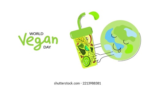 Funny planet character holds in his hands Glass with a bright juicy fruit smoothie. healthy food concert. Vector flat cartoon banner of World Vegetarian Day. 