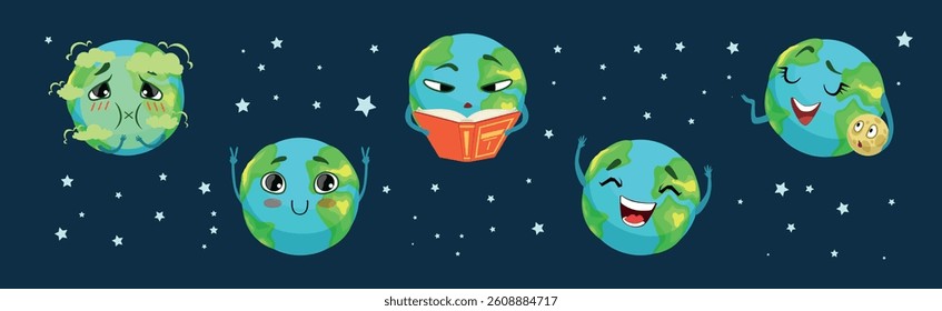 Funny Planet Character Showing Different Emotion Vector Set