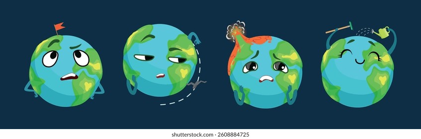Funny Planet Character Showing Different Emotion Vector Set