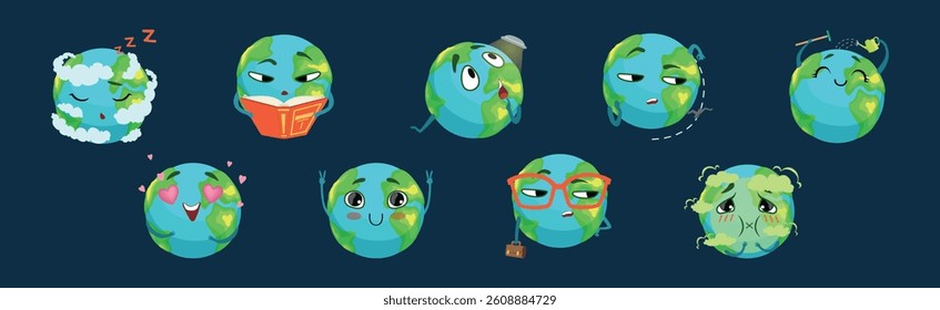 Funny Planet Character Showing Different Emotion Vector Set