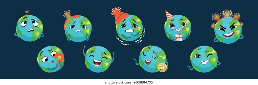 Funny Planet Character Showing Different Emotion Vector Set