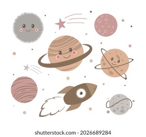Funny planet characters. Beautiful stickers with star, rocket, satellite and other celestial bodie with kawaii emotion. Icons for printing. Cartoon flat vector collection isolated on white background