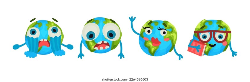 Funny Planet Earth with Face Expression and Arms Vector Set