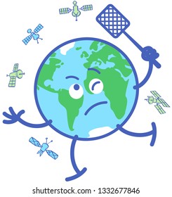 Funny planet Earth in minimalist cartoon style desperately chasing satellites with a fly swatter. It feels mad and disquiet while trying to get rid of several objects in orbit around it
