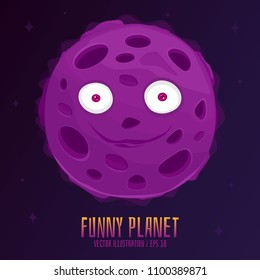 Funny planet with eyes in space background. Vector illustration in flat style. EPS 10.