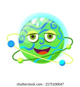Funny planet with faces vector cartoon illustration. Fantasy planet characters with eyes and mouths isolated on purple background. Kids astronomy