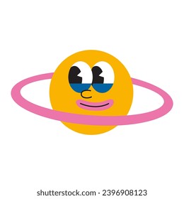 Funny planet Saturn emoji with ring, cartoon style, vintage groovy characters. Trendy modern vector illustration isolated on white background, hand drawn, flat design