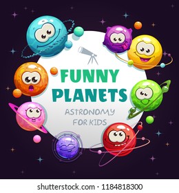 Funny planets, astronomy for kids. Vector childish space background. Cartoon cosmic illustration.