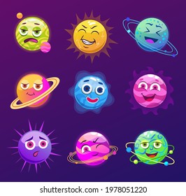 Funny planets with faces vector cartoon illustrations set. Fantasy planet characters with eyes and mouths isolated on purple background. Kids astronomy, space, comic, games concept