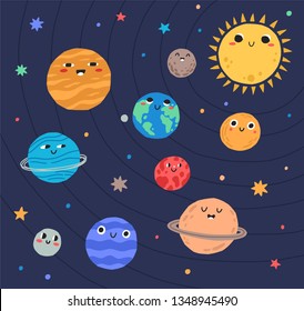 Graciosos planetas de sistema solar y sol con caras sonrientes. Cuerpos celestes adorables en el espacio ultraterrestre. Objetos astronómicos cortos en su órbita en galaxia. Dibujo vectorial colorido de dibujos planos.