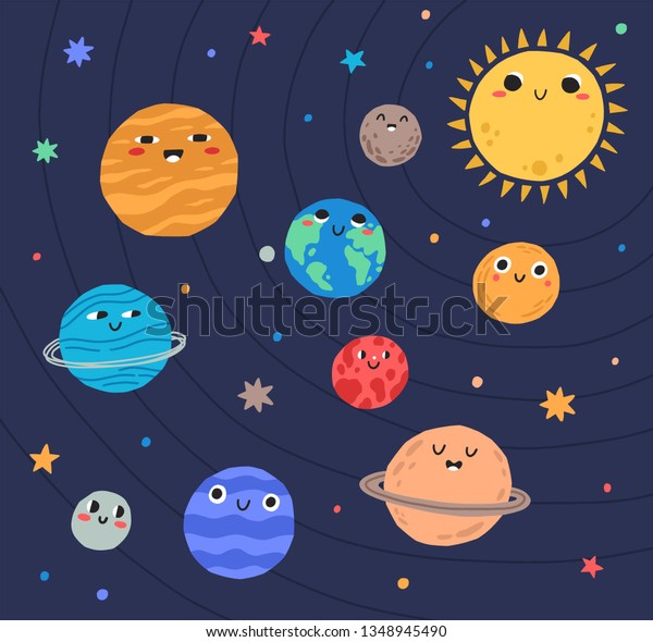笑顔を持つ太陽系と太陽の変な惑星 宇宙に愛らしい天体 銀河系の軌道上にあるかわいい天体 平らなカートーンのカラフルなベクターイラスト のベクター画像素材 ロイヤリティフリー