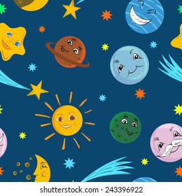 Funny planets and stars with different grimaces, seamless texture.