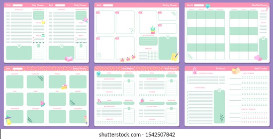 Funny planner templates. Daily, weekly, monthly and yearly planners pages. Goal planner and to do list, notebook with month calendar or 2020 memo planner. Isolated vector icons set