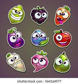 Funny plant characters stickers set. Vector comic vegetables, berries and fruits icons.
