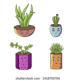 Funny plants with cute faces that sit in pots, drawn in a vector with a stroke line in cartoon style