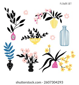 Funny plants and flowers in ceramic vases and pots isolated on white background. Stylish flowers collection for your projects in vector.