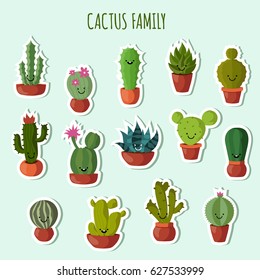 Funny plants vector collection. Cute cactus with happy faces garden patches or stickers set