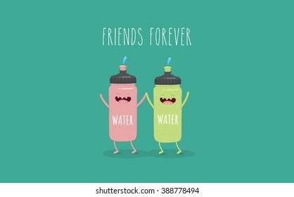 Funny of plastic sport bottles for water. Comic character. 
Use for card, poster, banner, web design and print on t-shirt. Easy to edit. Vector illustration.