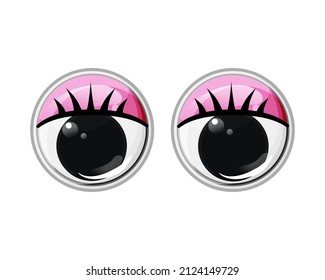 Funny plastic toy eyes with eyelashes and pink eyelids on an isolated white background. Animate. Vector cartoon illustration