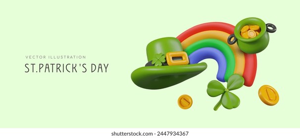 Funny plasticine style rainbow, leprechaun hat, pot of gold, coins, shamrock