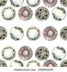 Funny plates seamless vector watercolor pattern