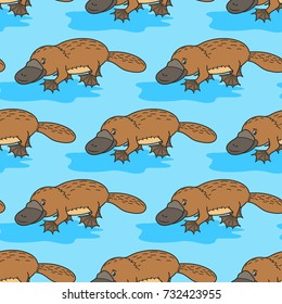 Funny platypus. Australian wild  animal. Happy cartoon. vector illustration for children. Seamless pattern.Cute Character on a blue background.Print for textile, paper, scrapbooking, wallpapers.