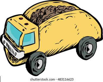 Funny play on words of beef corn taco as dump truck over white background
