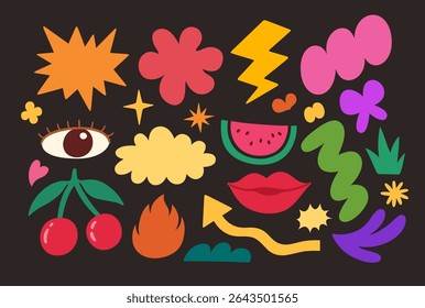 Funny playful abstract shape collection. Trendy retro colorful 90s style. Bubble, flower, cherry, lips, eyes, vector illustration decorative elements.