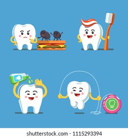 Divertidos personajes de dibujos animados usando cepillo de dientes con pasta dental, hilo dental y enjuague bucal. Clíparte de cuidado de los dientes. Medidas preventivas de higiene para la salud dental. Ilustración vectorial plana aislada