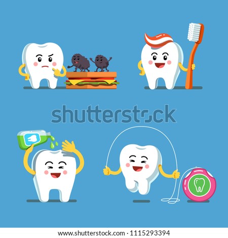 Funny playful cartoon teeth characters using toothbrush with toothpaste, dental floss and mouthwash. Teeth care clipart. Preventive hygiene measures for tooth health. Flat vector illustration isolated
