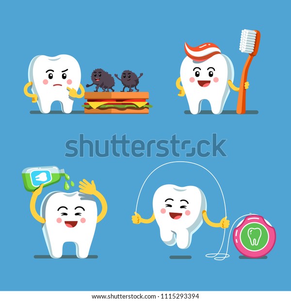 歯ブラシに歯磨き粉 デンタルフロス マウスウォッシュを使った 面白い遊び好きな歯のキャラクター 歯のケアクリップアート 歯の健康を予防する衛生対策 平らなベクターイラスト のベクター画像素材 ロイヤリティフリー