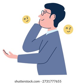 Conversación divertida y juguetona en el App de chat. Hombre feliz con el teléfono