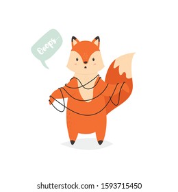 Funny playful fox tied with strings. Cute animal character for prints, birthday cards