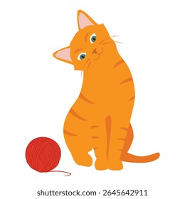 Funny and playful ginger kitten playing with yarn ball. Cute fluffy cat. Adorable orange tabby cat having fun with string and toy. Vector illustration. Isolated on white background