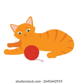 Gatinho de gengibre engraçado e brincalhão jogando com bola de fio. Gato fofo bonito. Adorável gato de mesa laranja se divertindo com corda e brinquedo. Ilustração vetorial. Isolado sobre fundo branco