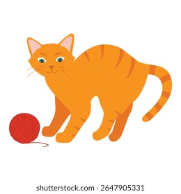 Funny and playful ginger kitten playing with yarn ball. Cute fluffy cat. Adorable orange tabby cat having fun with string and toy. Vector illustration. Isolated on white background