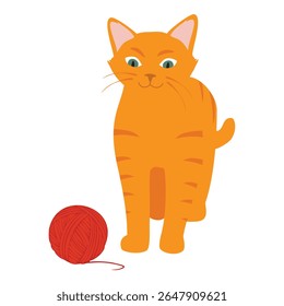 Funny and playful ginger kitten playing with yarn ball. Cute fluffy cat. Adorable orange tabby cat having fun with string and toy. Vector illustration. Isolated on white background