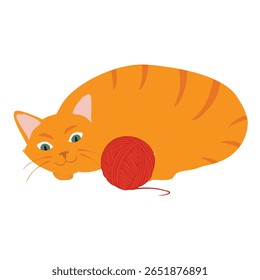Gatinho de gengibre engraçado e brincalhão jogando com bola de fio. Gato fofo bonito. Adorável gato de mesa laranja se divertindo com corda e brinquedo. Ilustração vetorial. Isolado sobre fundo branco