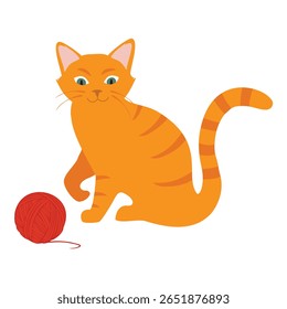 Funny and playful ginger kitten playing with yarn ball. Cute fluffy cat. Adorable orange tabby cat having fun with string and toy. Vector illustration. Isolated on white background